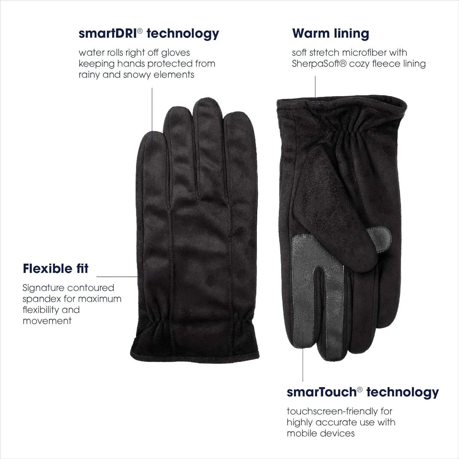isotoner mens Microfiber Touchscreen Texting Warm Lined Cold Weather Gloves With Water Repellent Technology