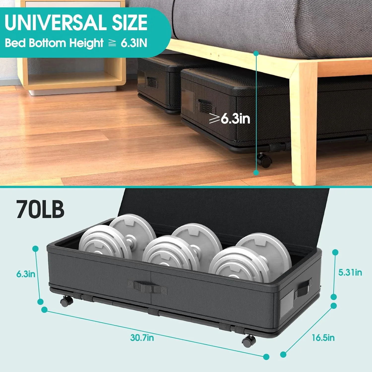 IUI Under Bed Storage with Wheels and Lid,50Quart Large Capacity Rolling Under Bed Storage,Versatile Underbed Shoe Storage Containers for Clothes,Shoes,Books,Blankets,Toys,Black 1Pack