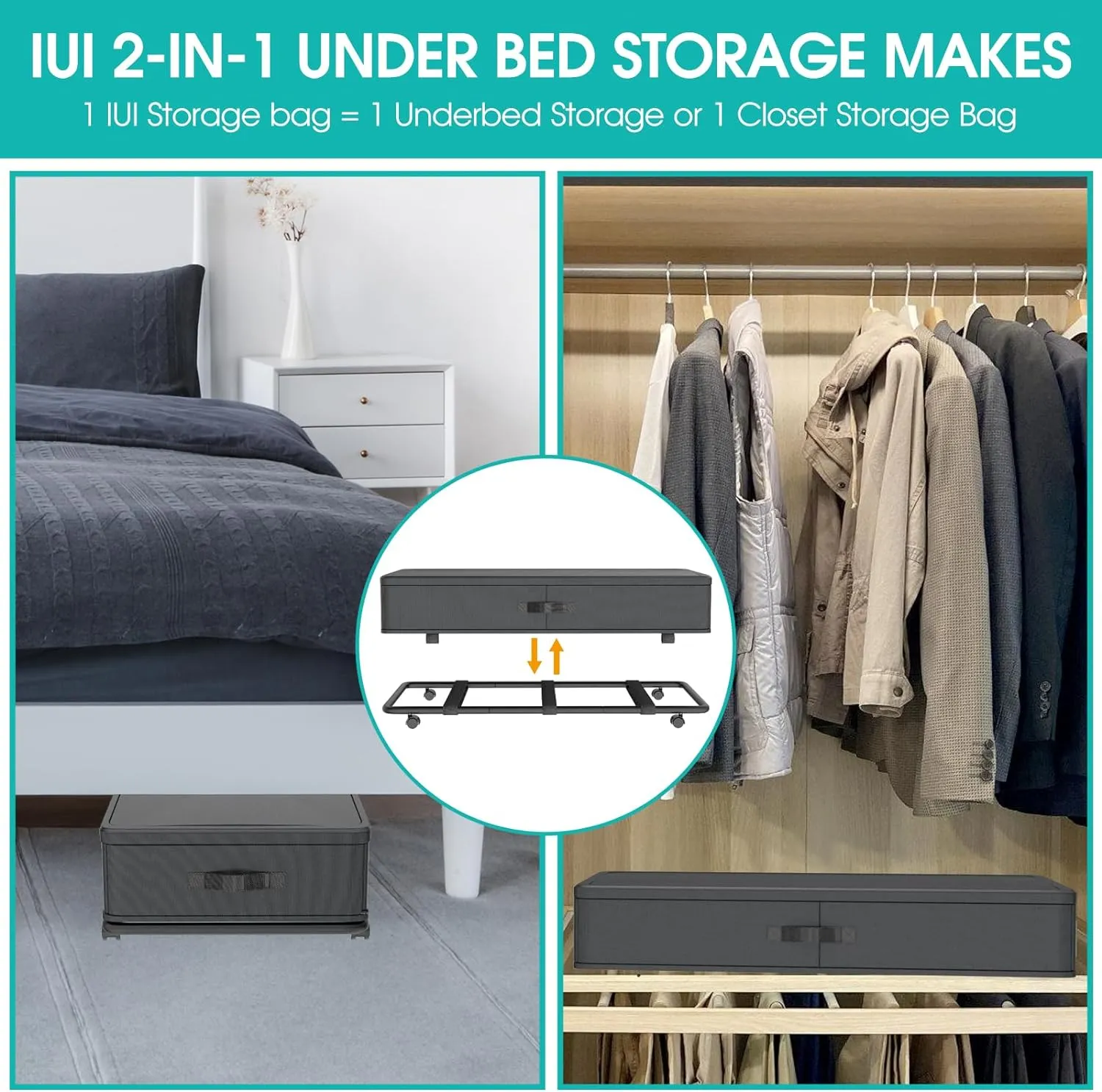 IUI Under Bed Storage with Wheels and Lid,50Quart Large Capacity Rolling Under Bed Storage,Versatile Underbed Shoe Storage Containers for Clothes,Shoes,Books,Blankets,Toys,Black 1Pack