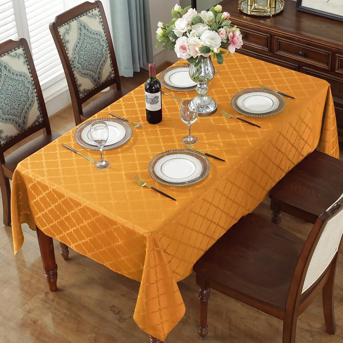 Jacquard Fall Tablecloth Rectangle Flower Pattern Polyester Table Cloth Spill Proof Wrinkle Resistant Table Cover for Christmas, Harvest & Holiday Decor (Rectangle, 60" x 84" (6-8 Seats),Amber)