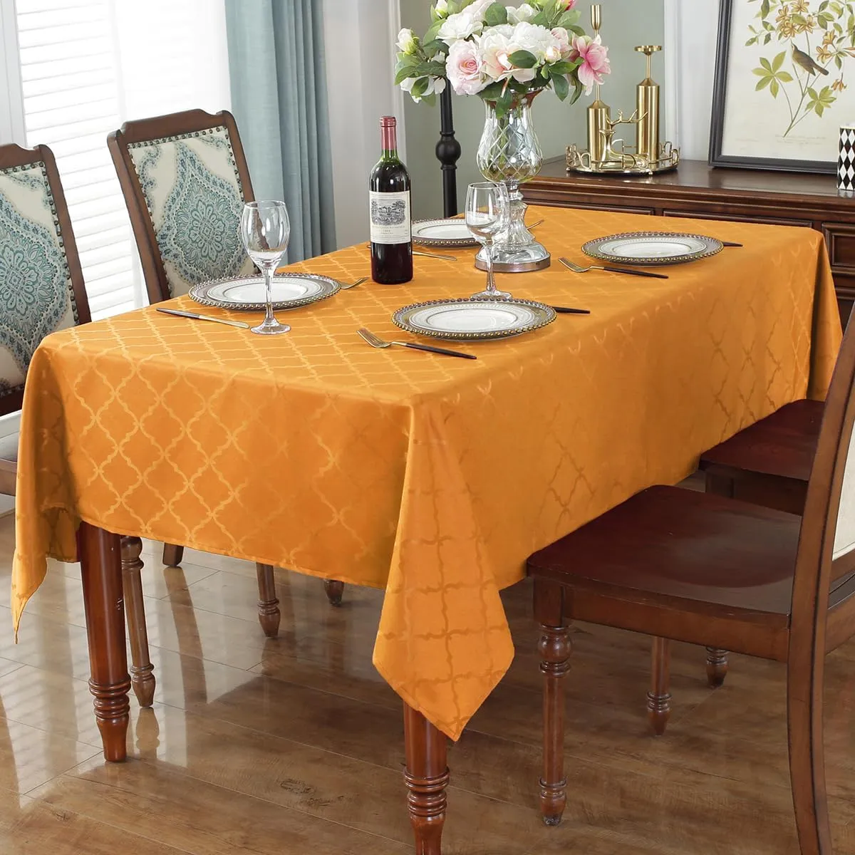 Jacquard Fall Tablecloth Rectangle Flower Pattern Polyester Table Cloth Spill Proof Wrinkle Resistant Table Cover for Christmas, Harvest & Holiday Decor (Rectangle, 60" x 84" (6-8 Seats),Amber)