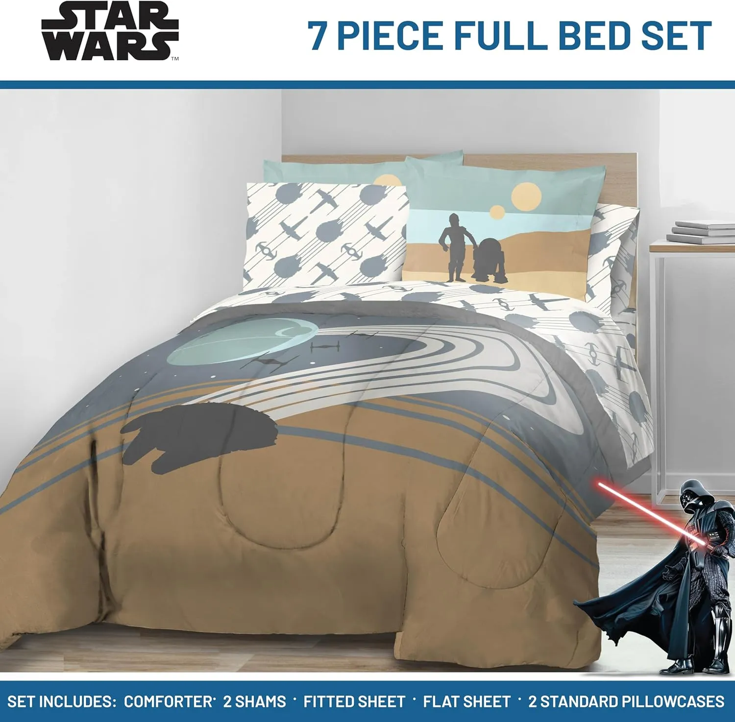 Jay Franco Star Wars Full Size Comforter Set - 7 Piece Bedding Includes Sheet Set & Pillow Covers - Super Soft Cozy Bedding with Death Star and Millennium Falcon