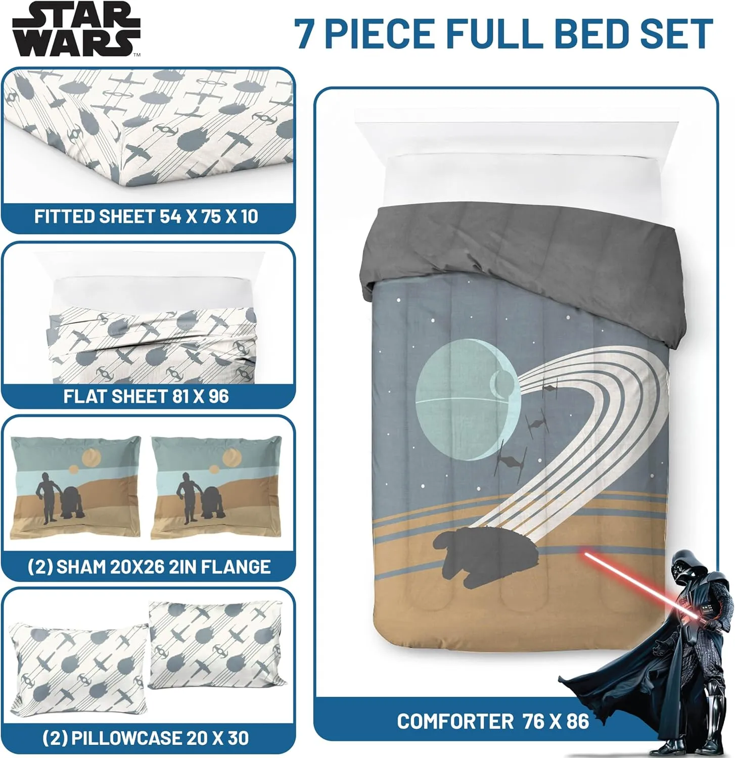 Jay Franco Star Wars Full Size Comforter Set - 7 Piece Bedding Includes Sheet Set & Pillow Covers - Super Soft Cozy Bedding with Death Star and Millennium Falcon