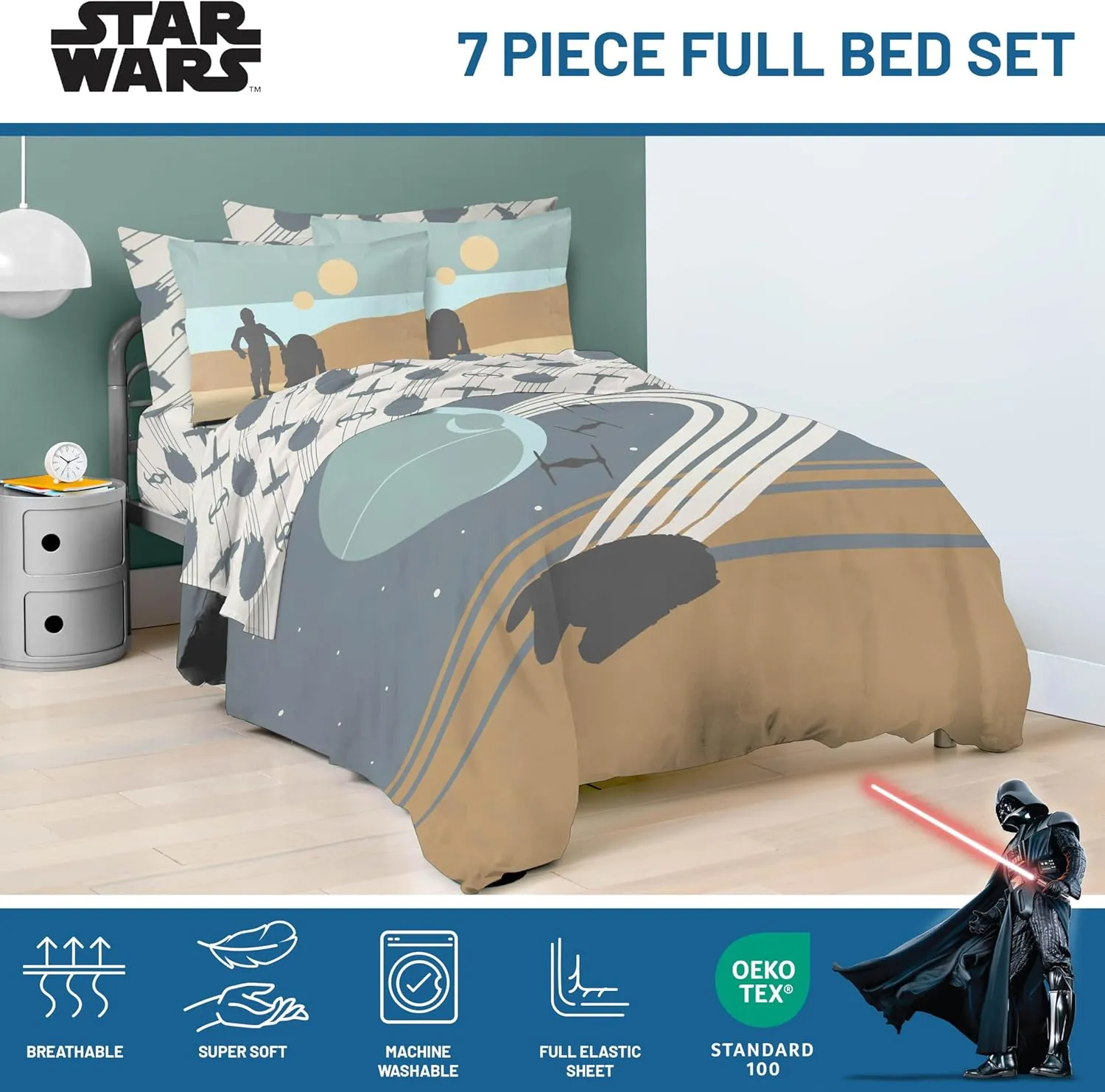 Jay Franco Star Wars Full Size Comforter Set - 7 Piece Bedding Includes Sheet Set & Pillow Covers - Super Soft Cozy Bedding with Death Star and Millennium Falcon