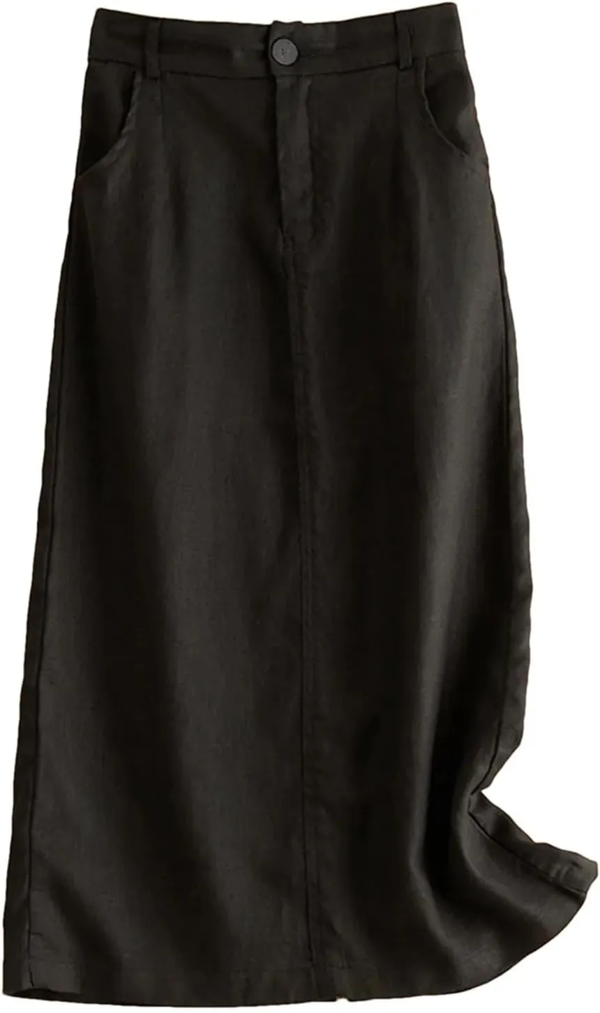 Jegsnoe Women's High Waist Cotton Linen Skirts Autumn Solid Mid-Length Elegant Office Lady Skirt