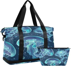 Jellyfishs Duffel Bag Lightweight Carry On Gym Bags for Travel and Weekends, Versatile Overnight Bag with Shoe Compartment