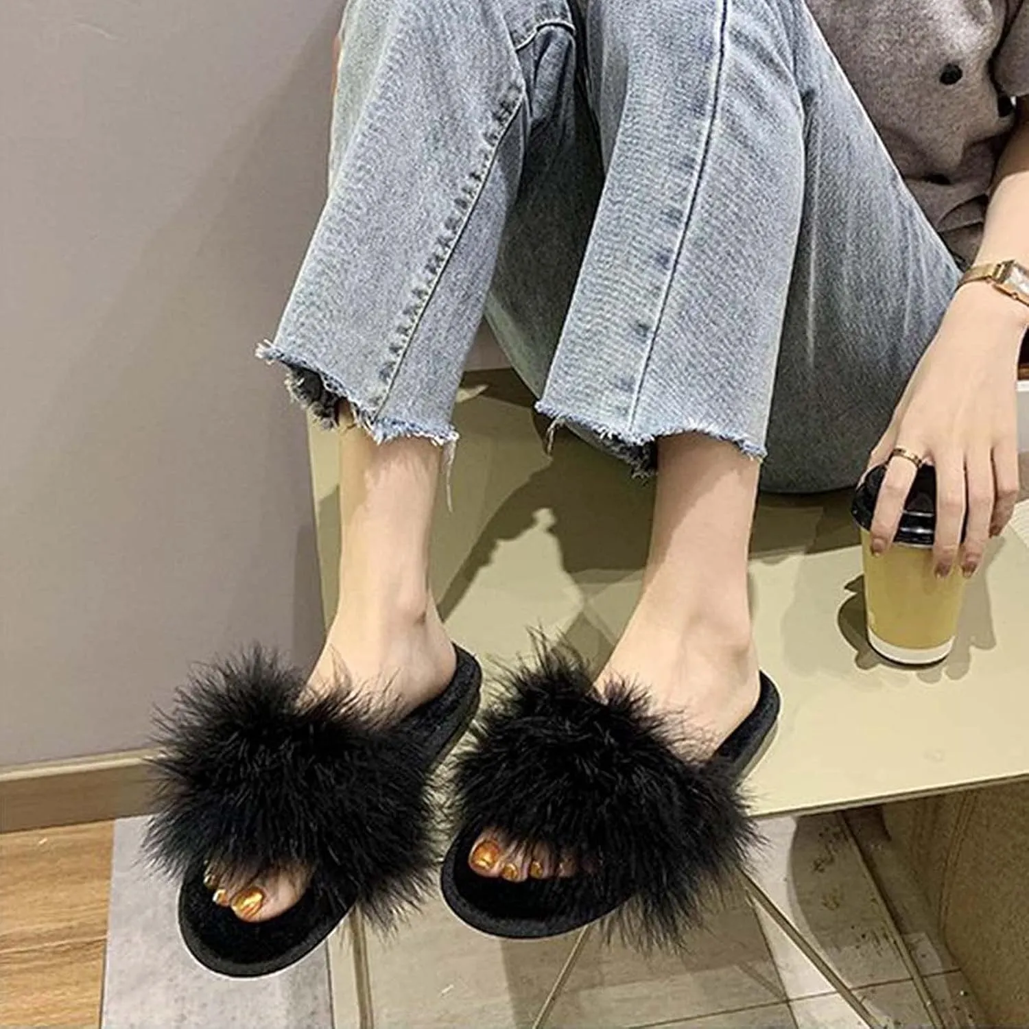 JOEupin Women's Furry Faux Fur Slippers Cozy Memory Foam House Slippers Soft Comfy Flat Slide Sandals Indoor