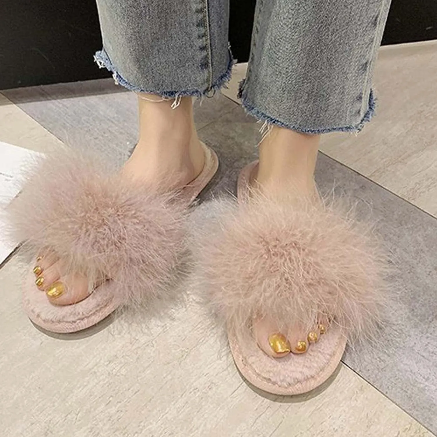 JOEupin Women's Furry Faux Fur Slippers Cozy Memory Foam House Slippers Soft Comfy Flat Slide Sandals Indoor