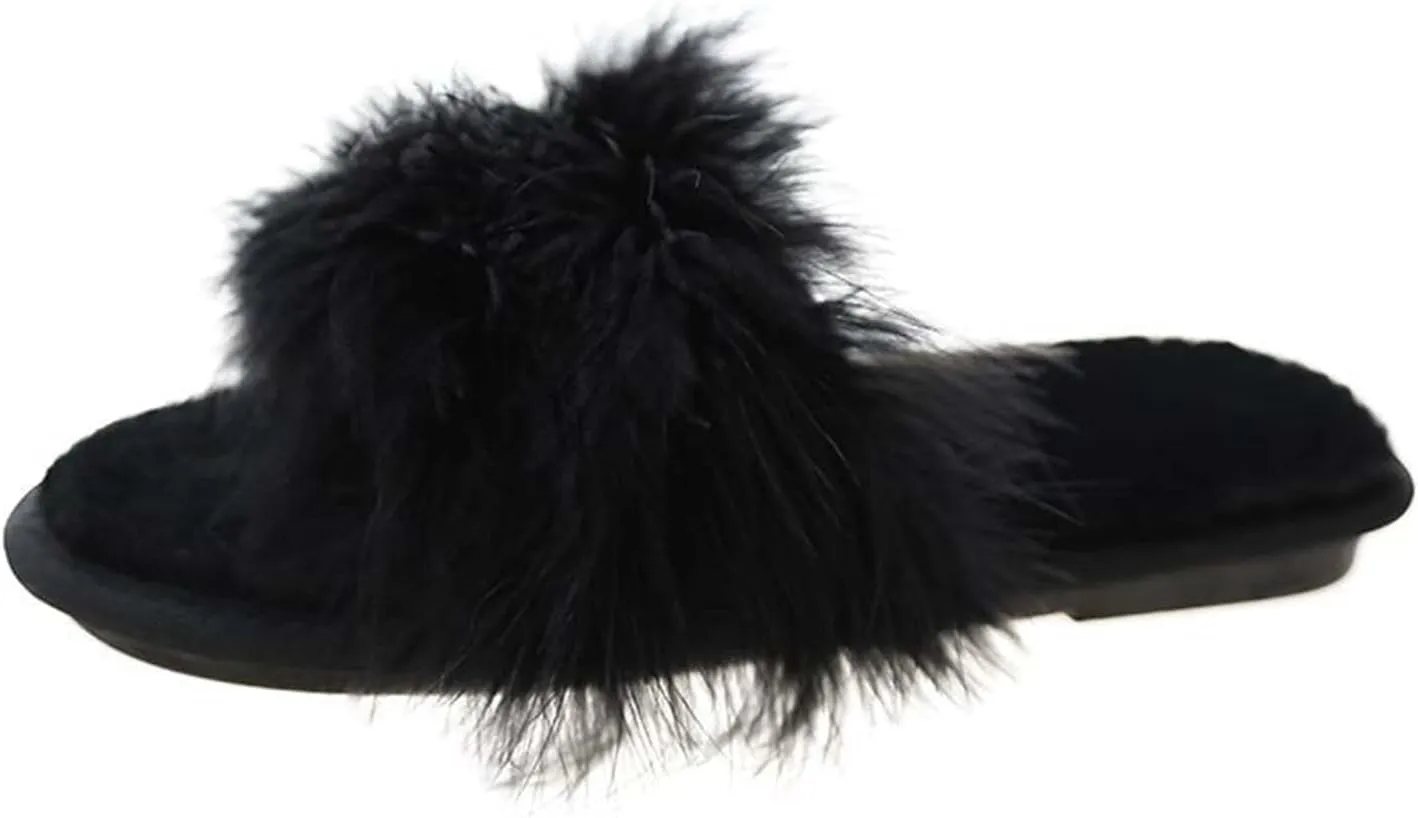 JOEupin Women's Furry Faux Fur Slippers Cozy Memory Foam House Slippers Soft Comfy Flat Slide Sandals Indoor