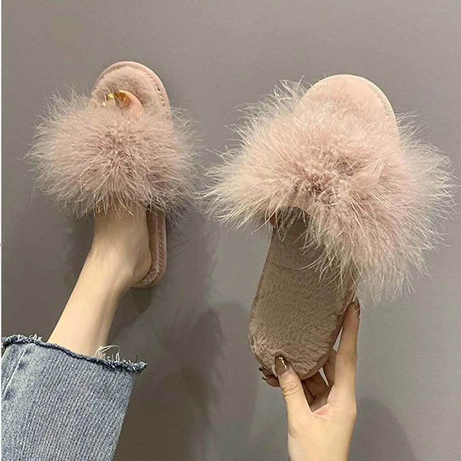 JOEupin Women's Furry Faux Fur Slippers Cozy Memory Foam House Slippers Soft Comfy Flat Slide Sandals Indoor
