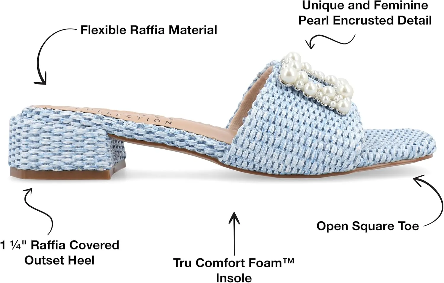 Journee Womens Pearl Raffia Slip On Open Square Toe Outset Block Heel Justina Comfort Foam Flat Sandals