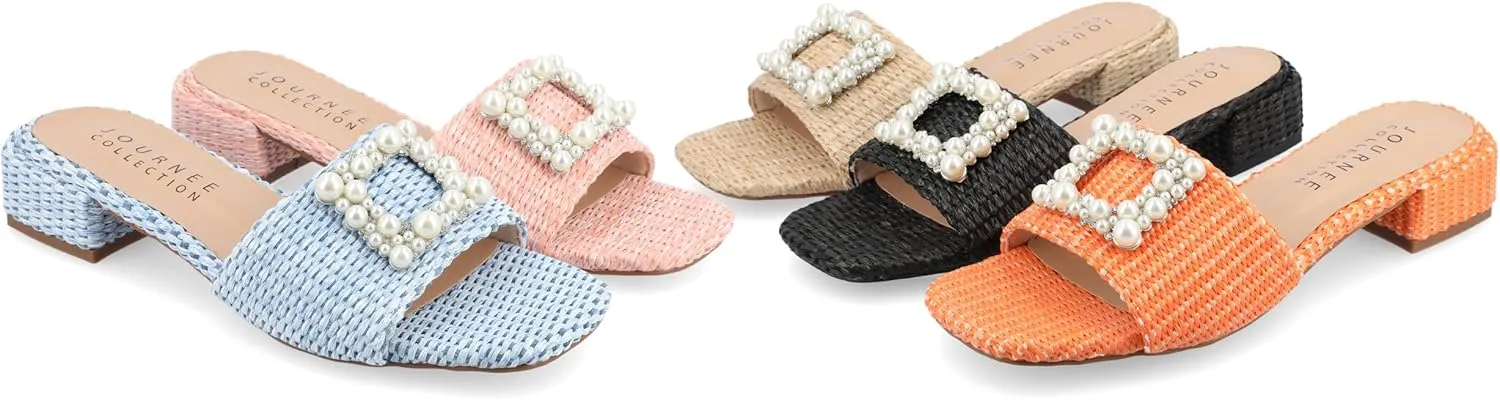 Journee Womens Pearl Raffia Slip On Open Square Toe Outset Block Heel Justina Comfort Foam Flat Sandals