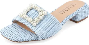 Journee Womens Pearl Raffia Slip On Open Square Toe Outset Block Heel Justina Comfort Foam Flat Sandals