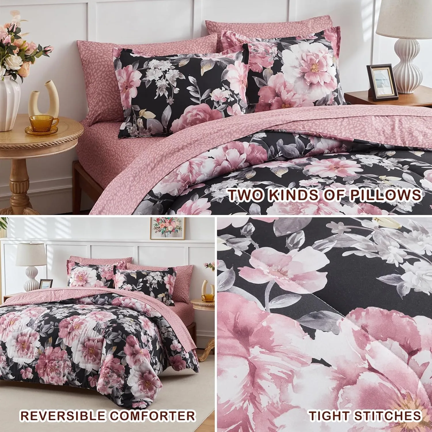 Joyreap 7 Piece Bed in a Bag King, Floral Comforter Sheet Set, Tie-dye Pink Flowers on Black Design, All Season Microfiber Bedding Comforter Set