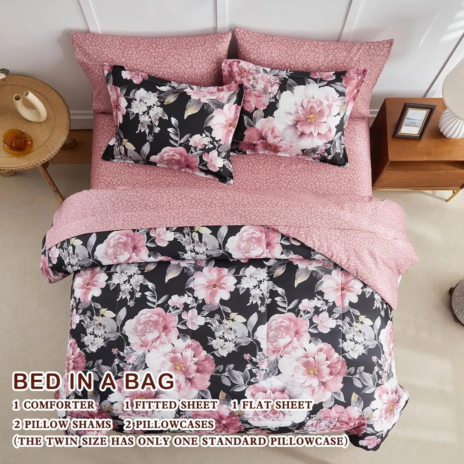 Joyreap 7 Piece Bed in a Bag King, Floral Comforter Sheet Set, Tie-dye Pink Flowers on Black Design, All Season Microfiber Bedding Comforter Set