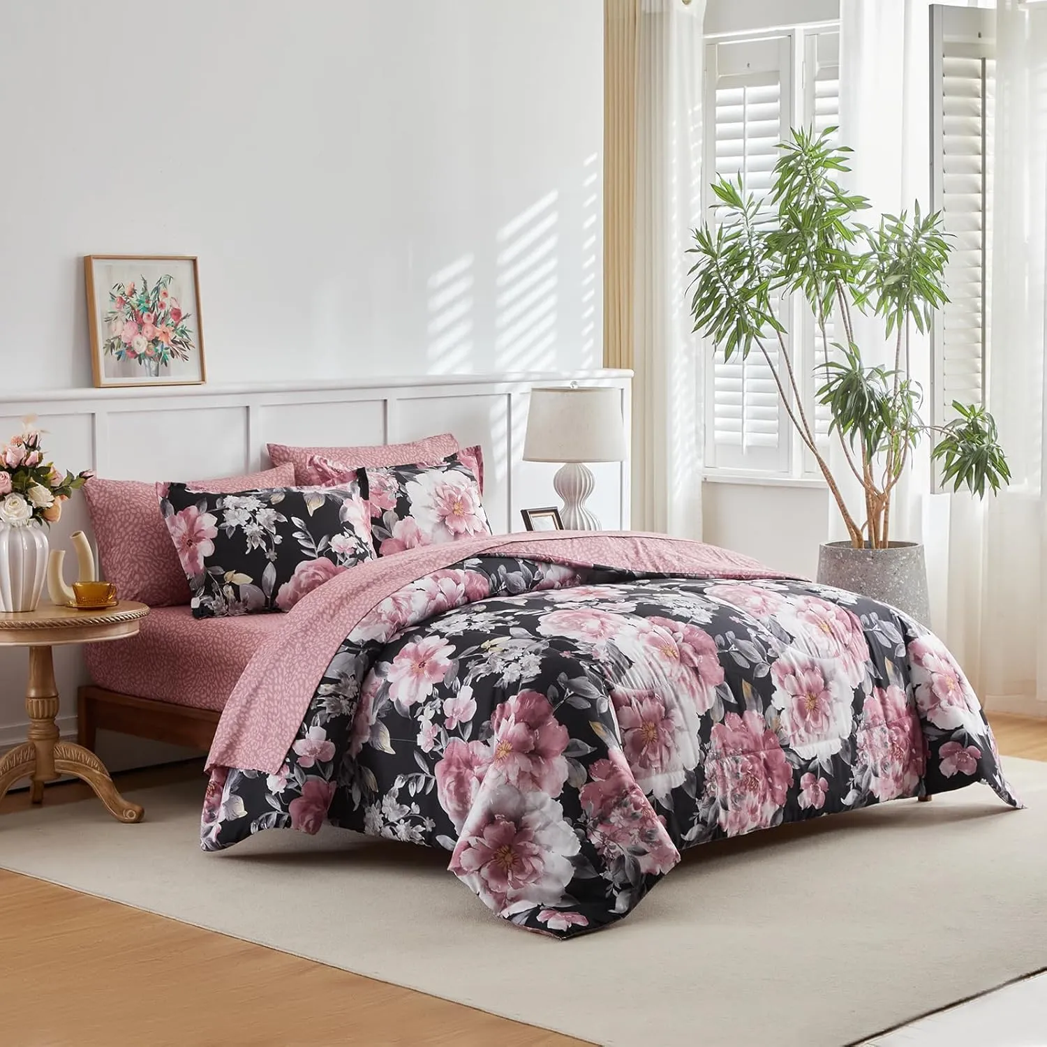 Joyreap 7 Piece Bed in a Bag King, Floral Comforter Sheet Set, Tie-dye Pink Flowers on Black Design, All Season Microfiber Bedding Comforter Set