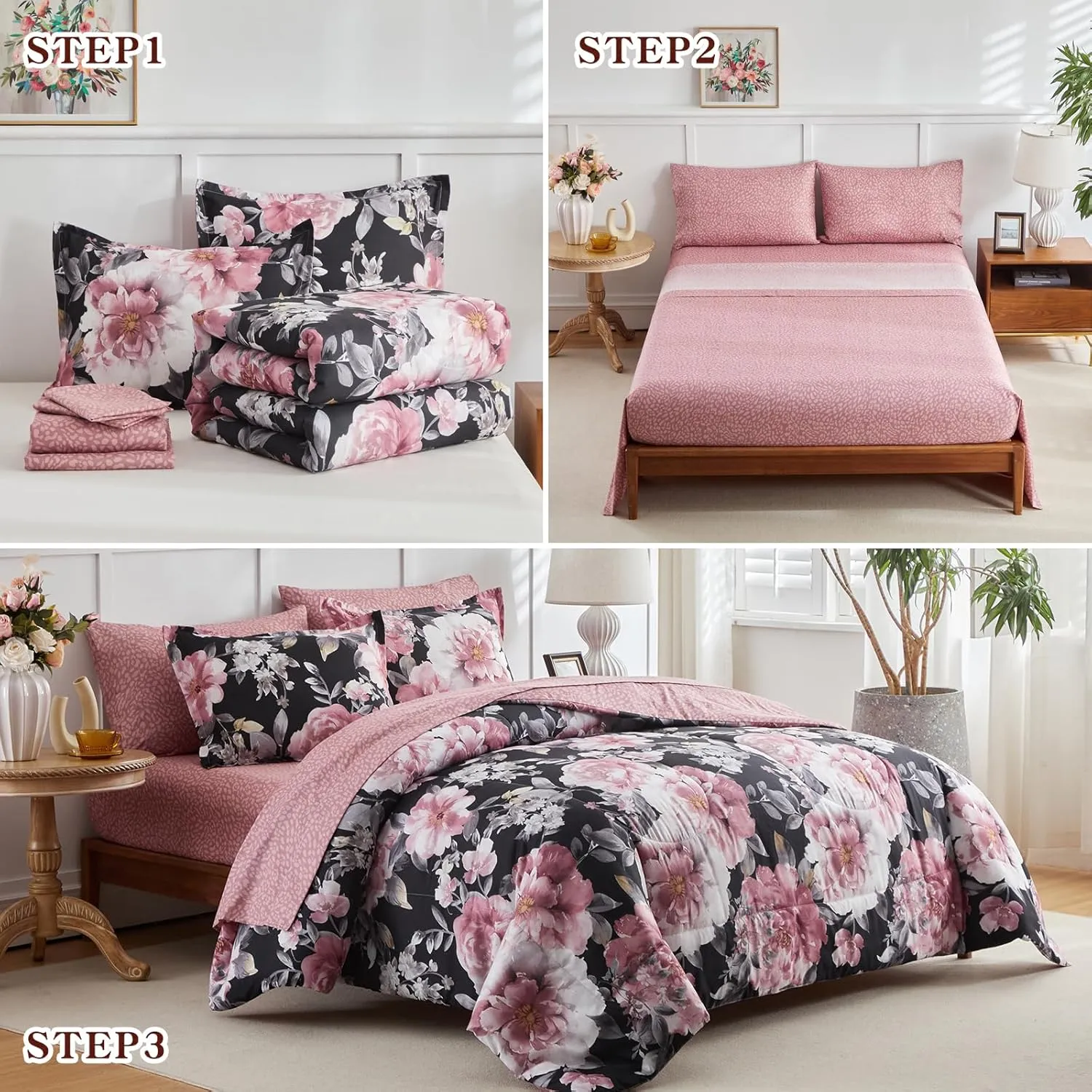 Joyreap 7 Piece Bed in a Bag King, Floral Comforter Sheet Set, Tie-dye Pink Flowers on Black Design, All Season Microfiber Bedding Comforter Set