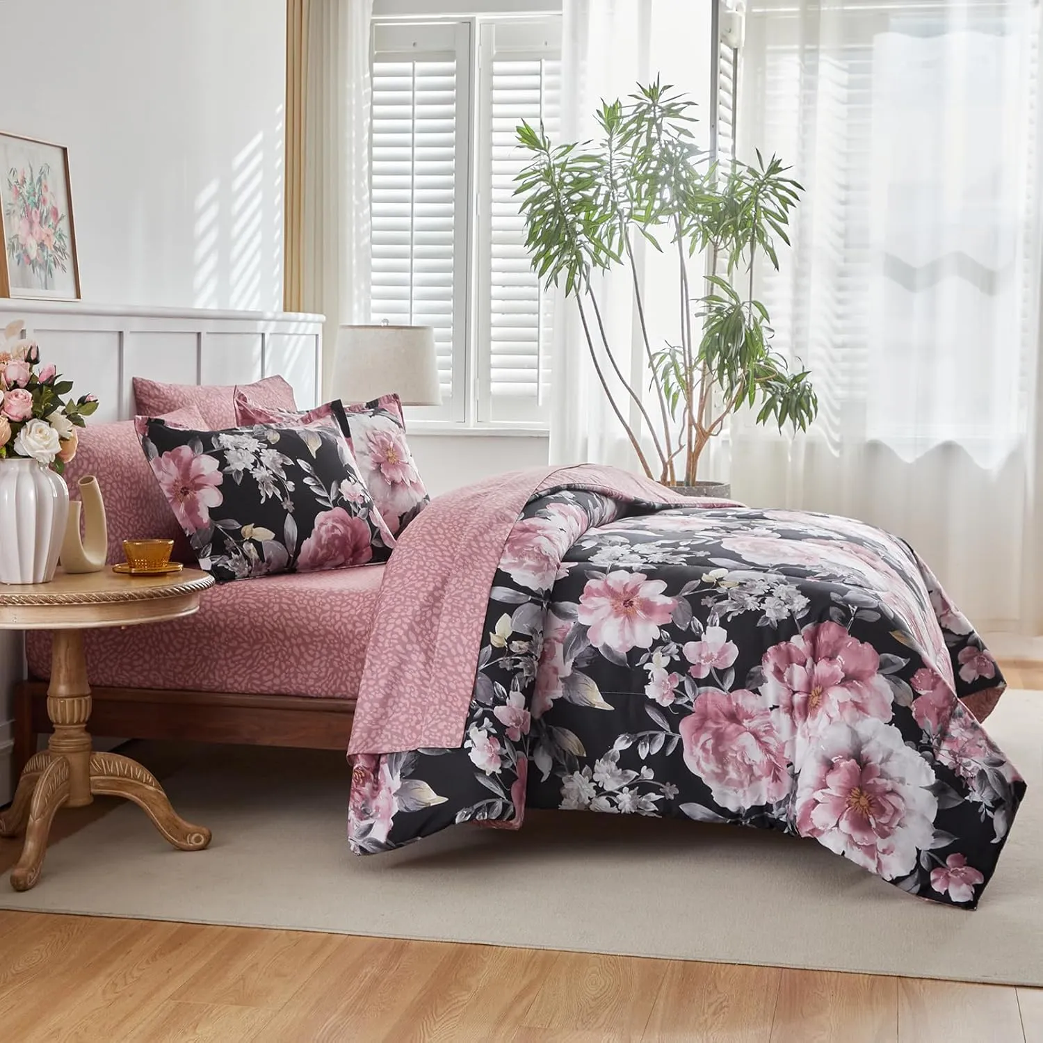 Joyreap 7 Piece Bed in a Bag King, Floral Comforter Sheet Set, Tie-dye Pink Flowers on Black Design, All Season Microfiber Bedding Comforter Set