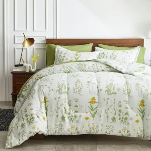 Joyreap 7 Piece Bed in a Bag King, Green Leaves Yellow Flower Botanical Design, Smooth Soft Microfiber Comforter Set (1 Comforter, 2 Pillow Shams, 1 Flat Sheet, 1 Fitted Sheet, 2 Pillowcases)
