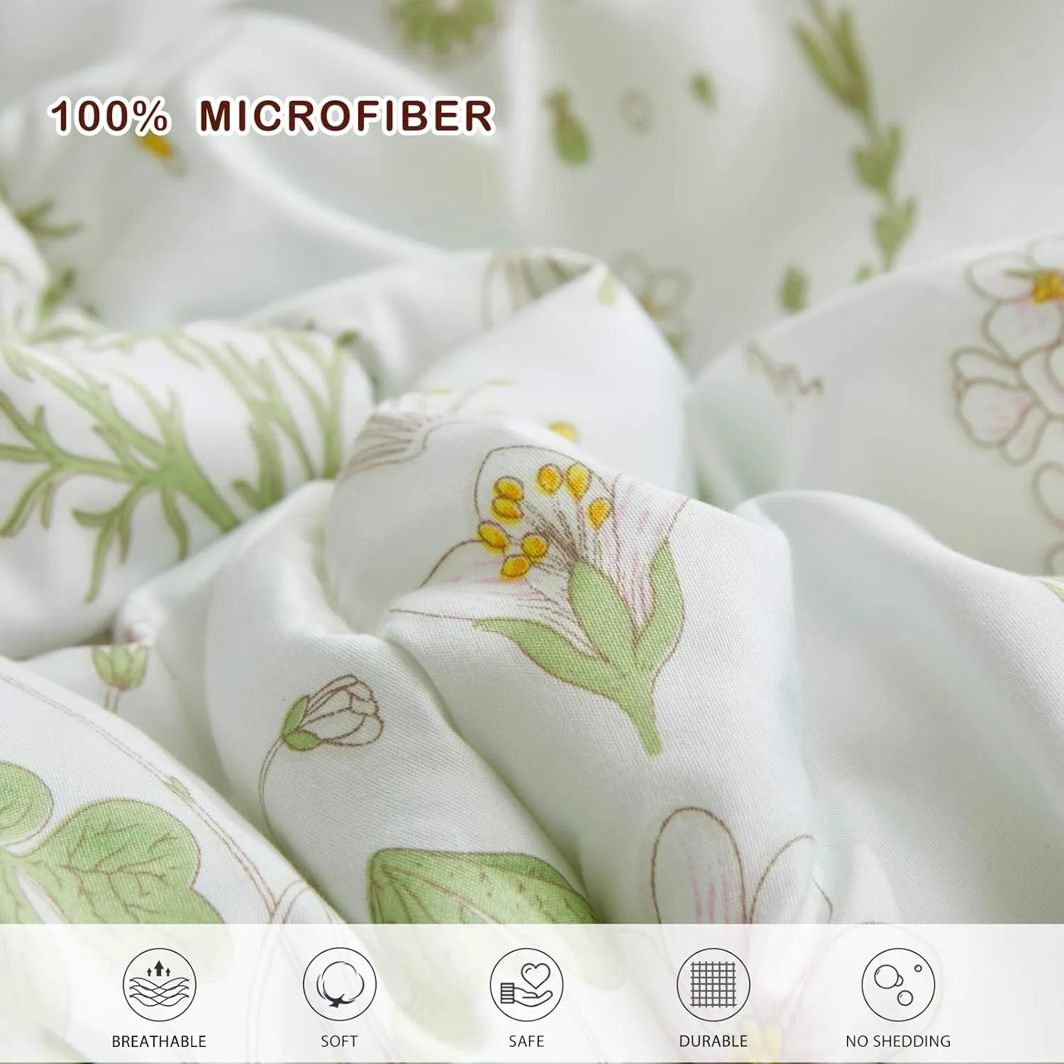 Joyreap 7 Piece Bed in a Bag King, Green Leaves Yellow Flower Botanical Design, Smooth Soft Microfiber Comforter Set (1 Comforter, 2 Pillow Shams, 1 Flat Sheet, 1 Fitted Sheet, 2 Pillowcases)