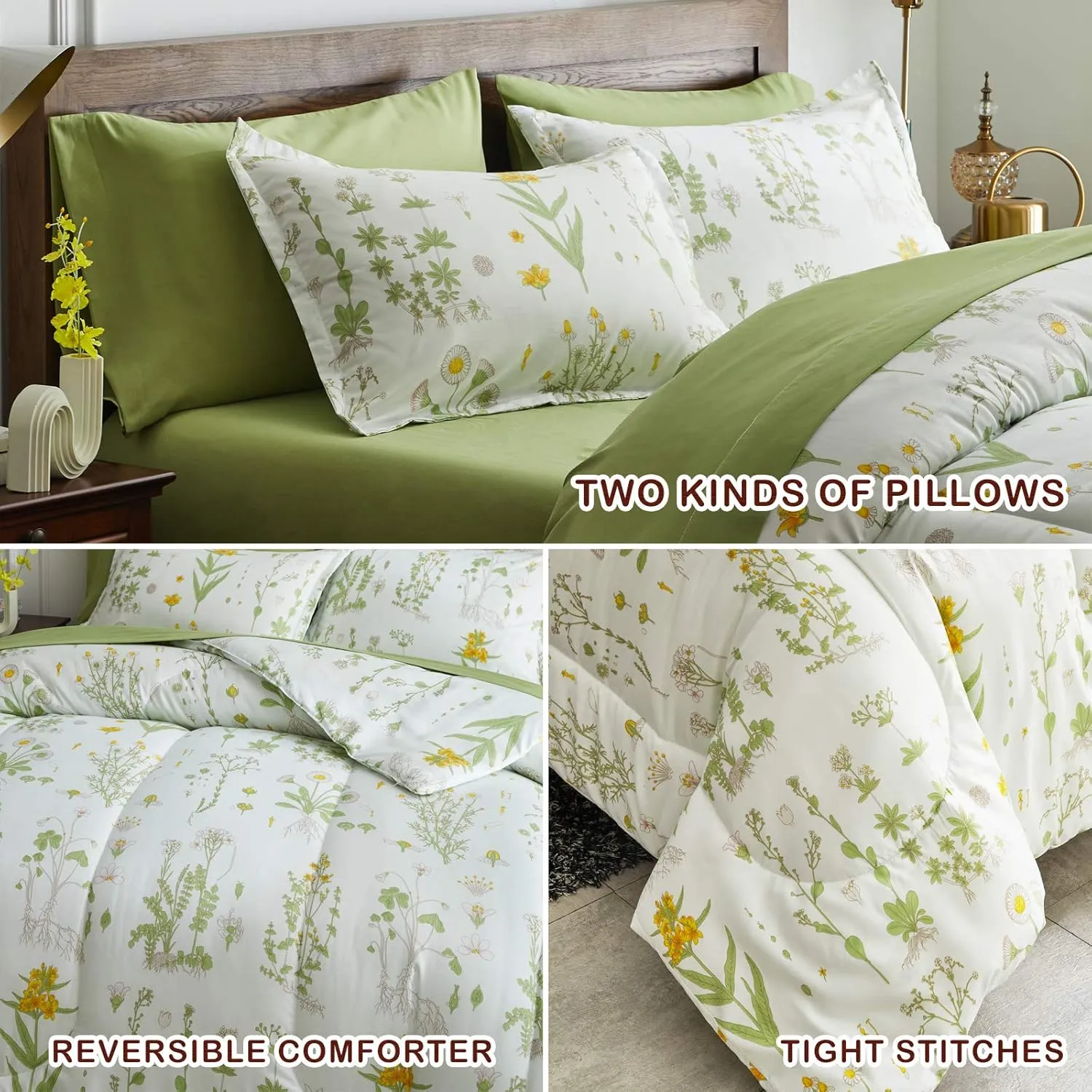 Joyreap 7 Piece Bed in a Bag King, Green Leaves Yellow Flower Botanical Design, Smooth Soft Microfiber Comforter Set (1 Comforter, 2 Pillow Shams, 1 Flat Sheet, 1 Fitted Sheet, 2 Pillowcases)
