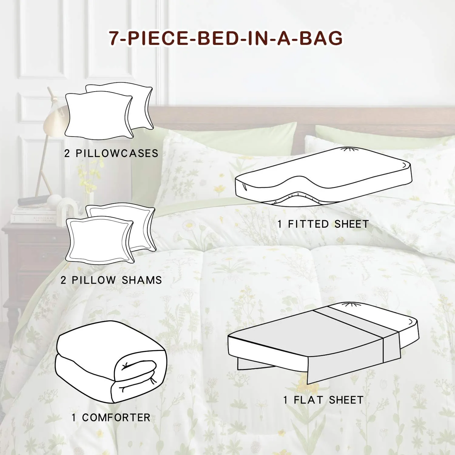 Joyreap 7 Piece Bed in a Bag King, Green Leaves Yellow Flower Botanical Design, Smooth Soft Microfiber Comforter Set (1 Comforter, 2 Pillow Shams, 1 Flat Sheet, 1 Fitted Sheet, 2 Pillowcases)