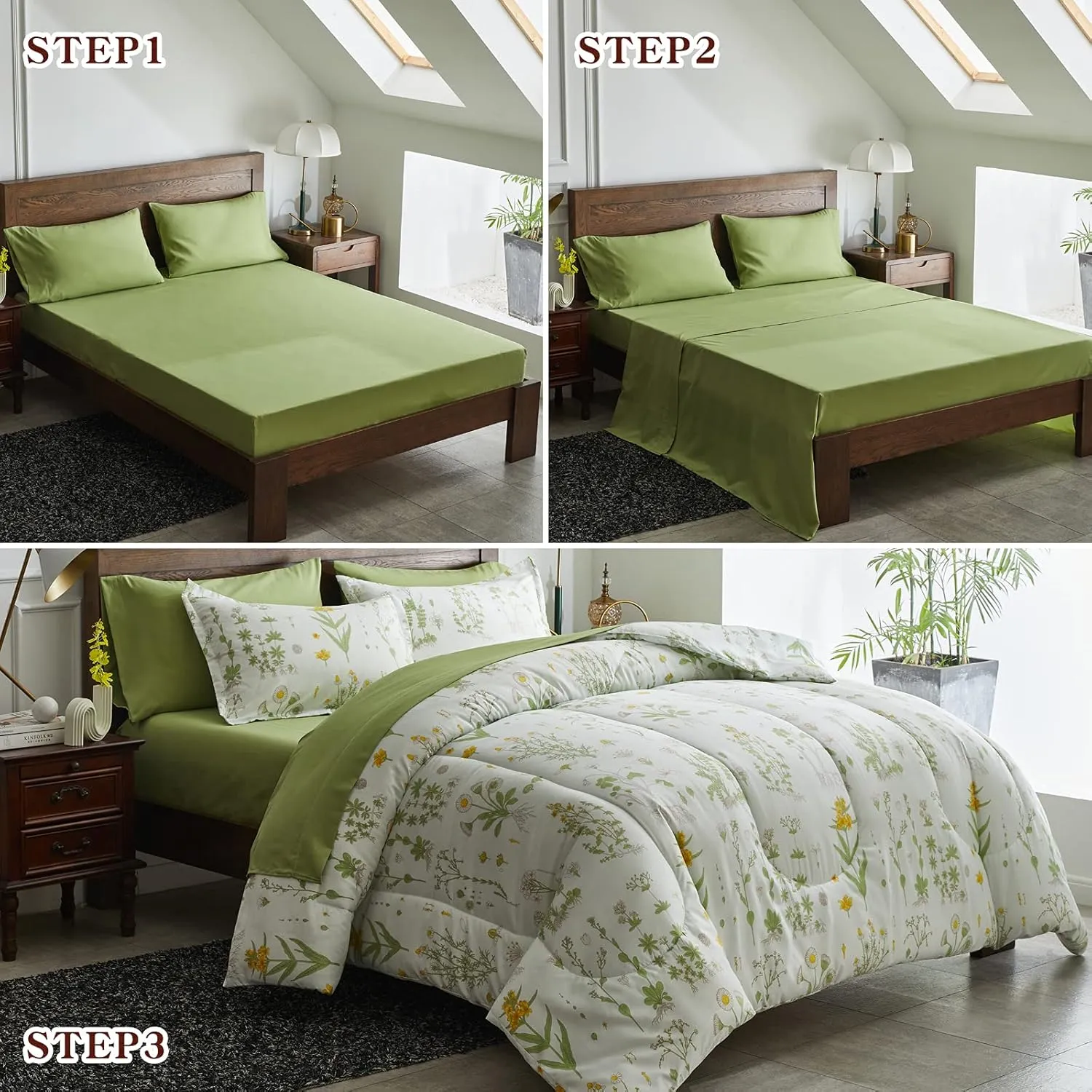 Joyreap 7 Piece Bed in a Bag King, Green Leaves Yellow Flower Botanical Design, Smooth Soft Microfiber Comforter Set (1 Comforter, 2 Pillow Shams, 1 Flat Sheet, 1 Fitted Sheet, 2 Pillowcases)