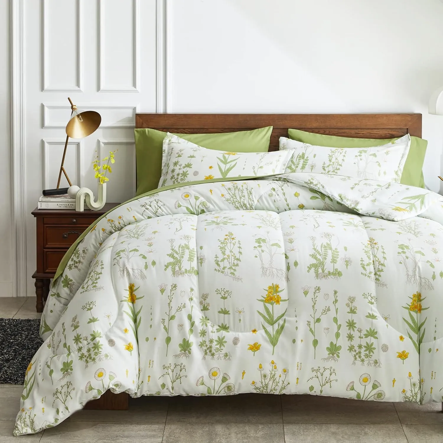 Joyreap 7 Piece Bed in a Bag King, Green Leaves Yellow Flower Botanical Design, Smooth Soft Microfiber Comforter Set (1 Comforter, 2 Pillow Shams, 1 Flat Sheet, 1 Fitted Sheet, 2 Pillowcases)