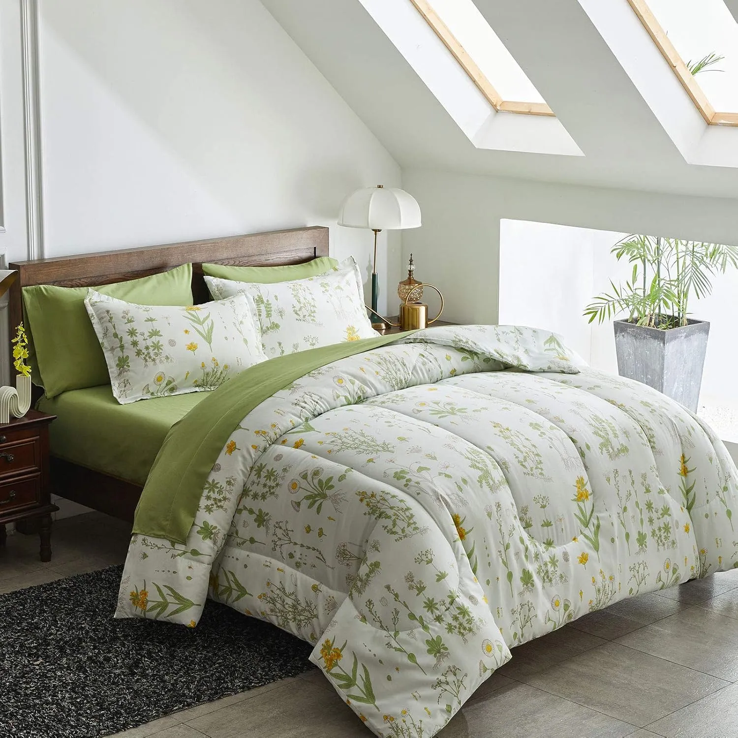 Joyreap 7 Piece Bed in a Bag King, Green Leaves Yellow Flower Botanical Design, Smooth Soft Microfiber Comforter Set (1 Comforter, 2 Pillow Shams, 1 Flat Sheet, 1 Fitted Sheet, 2 Pillowcases)