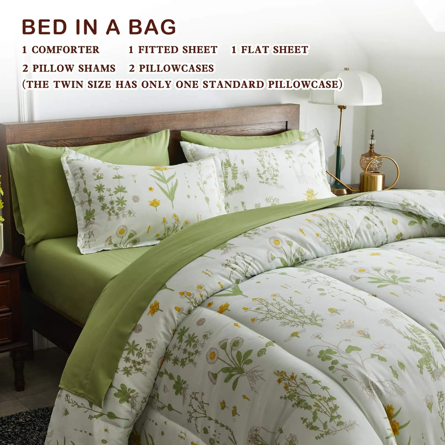 Joyreap 7 Piece Bed in a Bag King, Green Leaves Yellow Flower Botanical Design, Smooth Soft Microfiber Comforter Set (1 Comforter, 2 Pillow Shams, 1 Flat Sheet, 1 Fitted Sheet, 2 Pillowcases)