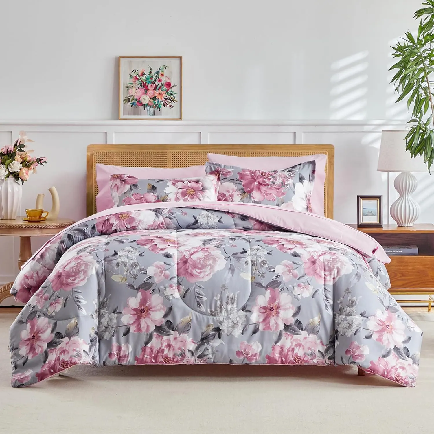 Joyreap Bed in a Bag Twin, 6 Piece Floral Comforter Sheet Set, Tie-dye Pink Flowers on Gray, All Season Microfiber Bedding Set- 1 Comforter, 2 Pillow Shams, 1 Flat Sheet, 1 Fitted Sheet, 1 Pillowcase