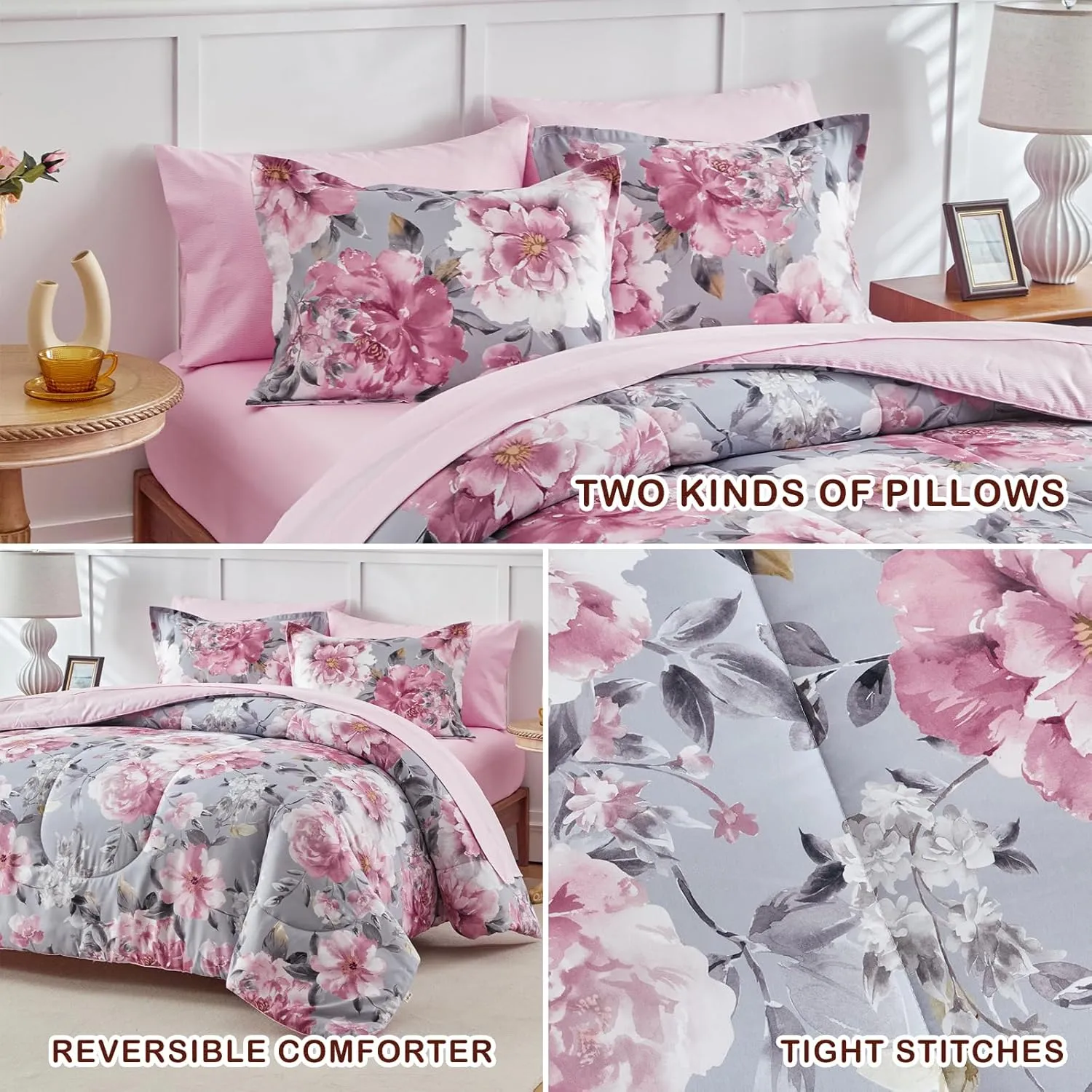 Joyreap Bed in a Bag Twin, 6 Piece Floral Comforter Sheet Set, Tie-dye Pink Flowers on Gray, All Season Microfiber Bedding Set- 1 Comforter, 2 Pillow Shams, 1 Flat Sheet, 1 Fitted Sheet, 1 Pillowcase