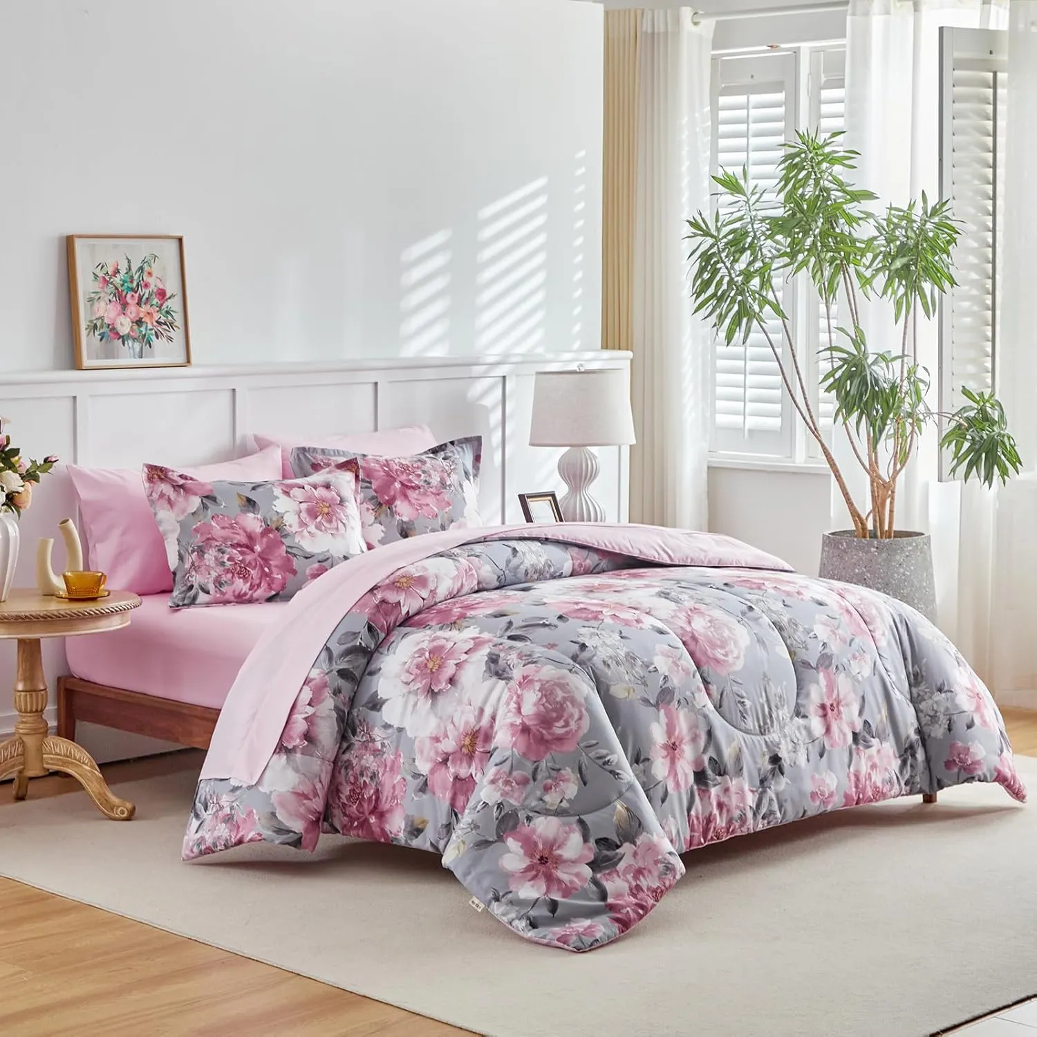 Joyreap Bed in a Bag Twin, 6 Piece Floral Comforter Sheet Set, Tie-dye Pink Flowers on Gray, All Season Microfiber Bedding Set- 1 Comforter, 2 Pillow Shams, 1 Flat Sheet, 1 Fitted Sheet, 1 Pillowcase