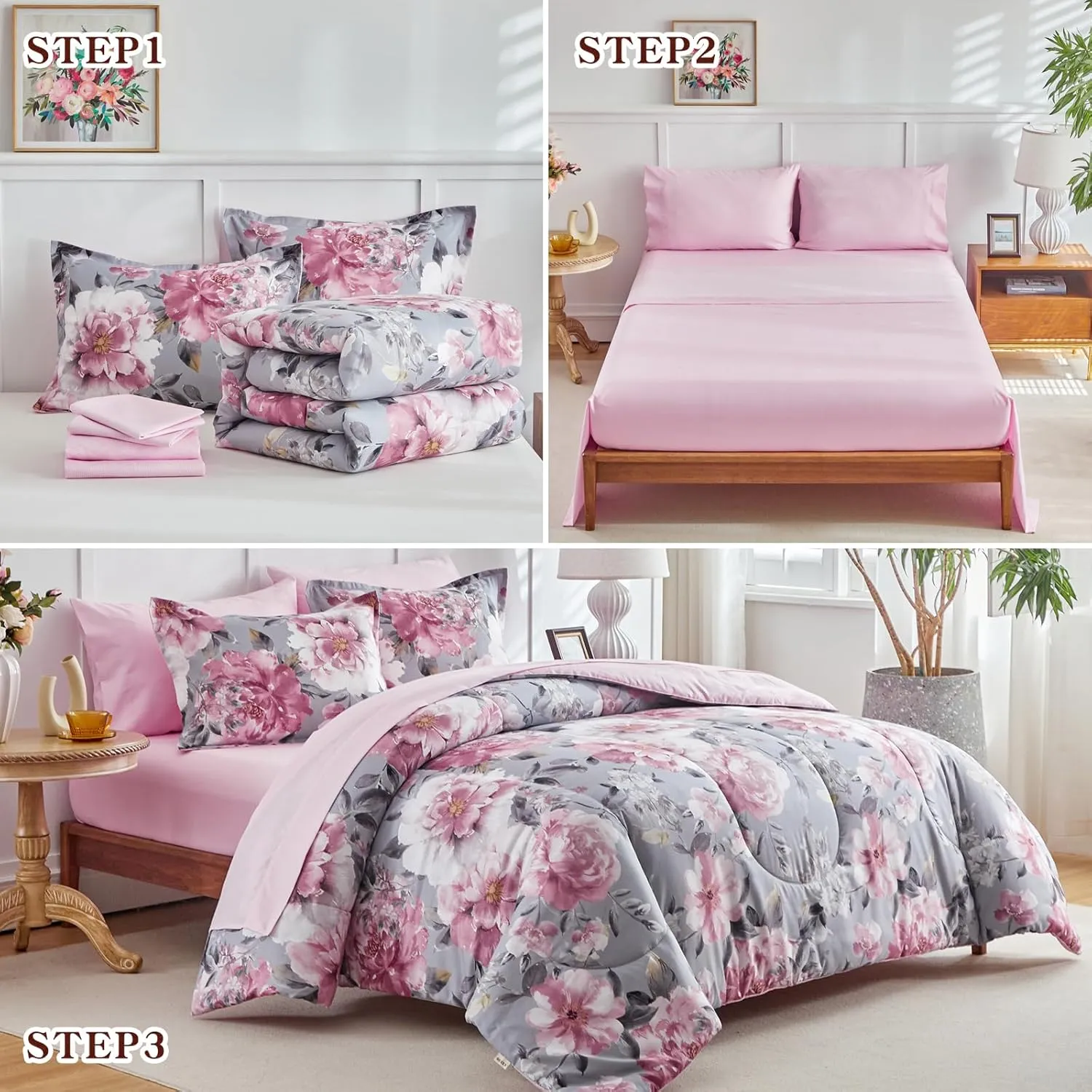 Joyreap Bed in a Bag Twin, 6 Piece Floral Comforter Sheet Set, Tie-dye Pink Flowers on Gray, All Season Microfiber Bedding Set- 1 Comforter, 2 Pillow Shams, 1 Flat Sheet, 1 Fitted Sheet, 1 Pillowcase