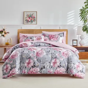 Joyreap Bed in a Bag Twin, 6 Piece Floral Comforter Sheet Set, Tie-dye Pink Flowers on Gray, All Season Microfiber Bedding Set- 1 Comforter, 2 Pillow Shams, 1 Flat Sheet, 1 Fitted Sheet, 1 Pillowcase
