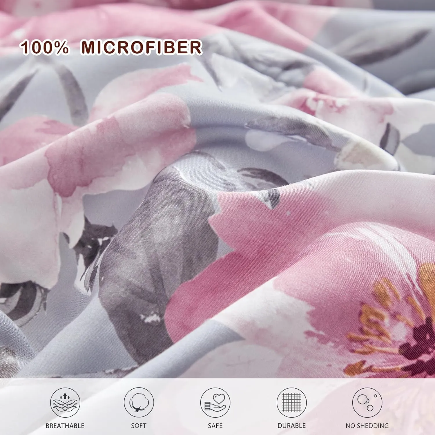 Joyreap Bed in a Bag Twin, 6 Piece Floral Comforter Sheet Set, Tie-dye Pink Flowers on Gray, All Season Microfiber Bedding Set- 1 Comforter, 2 Pillow Shams, 1 Flat Sheet, 1 Fitted Sheet, 1 Pillowcase