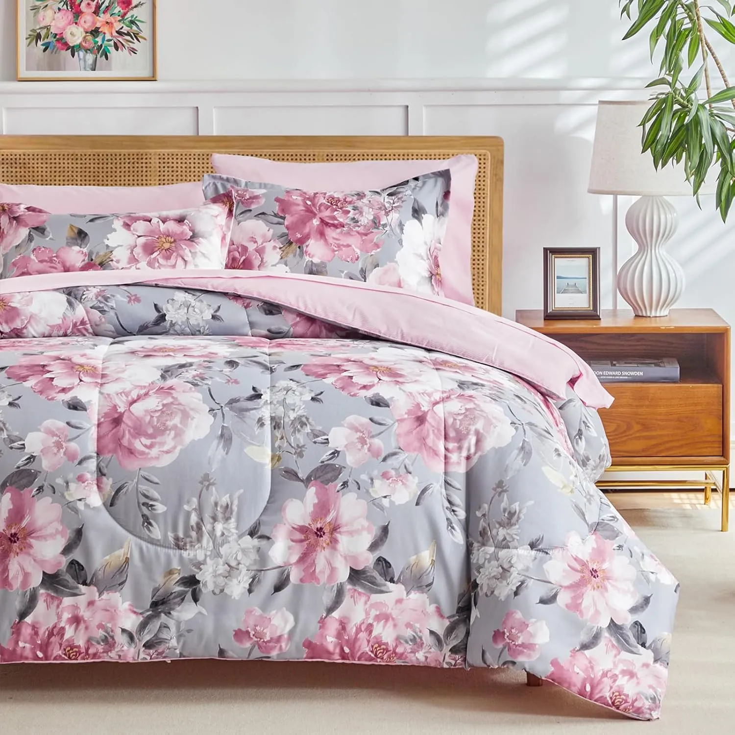 Joyreap Bed in a Bag Twin, 6 Piece Floral Comforter Sheet Set, Tie-dye Pink Flowers on Gray, All Season Microfiber Bedding Set- 1 Comforter, 2 Pillow Shams, 1 Flat Sheet, 1 Fitted Sheet, 1 Pillowcase