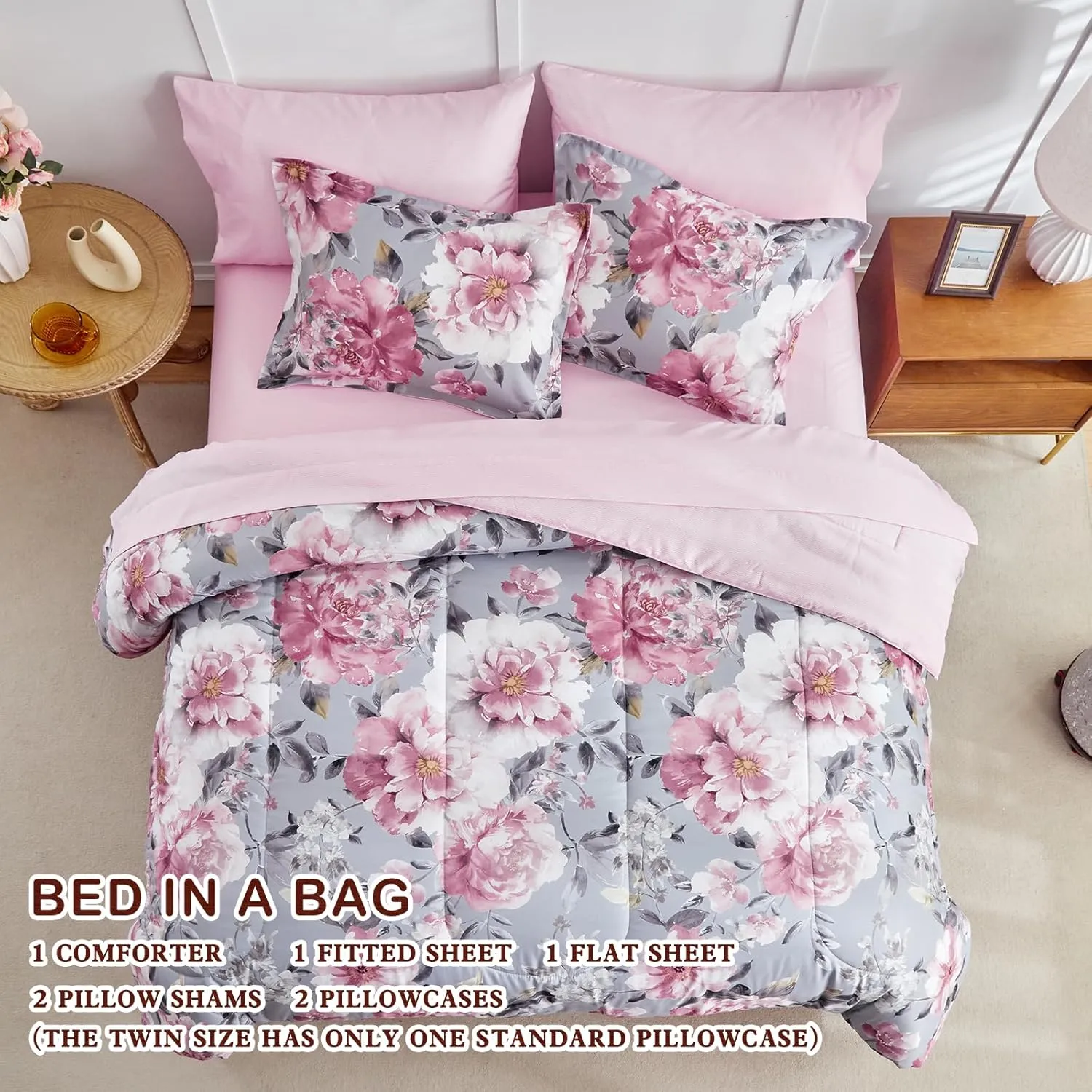 Joyreap Bed in a Bag Twin, 6 Piece Floral Comforter Sheet Set, Tie-dye Pink Flowers on Gray, All Season Microfiber Bedding Set- 1 Comforter, 2 Pillow Shams, 1 Flat Sheet, 1 Fitted Sheet, 1 Pillowcase