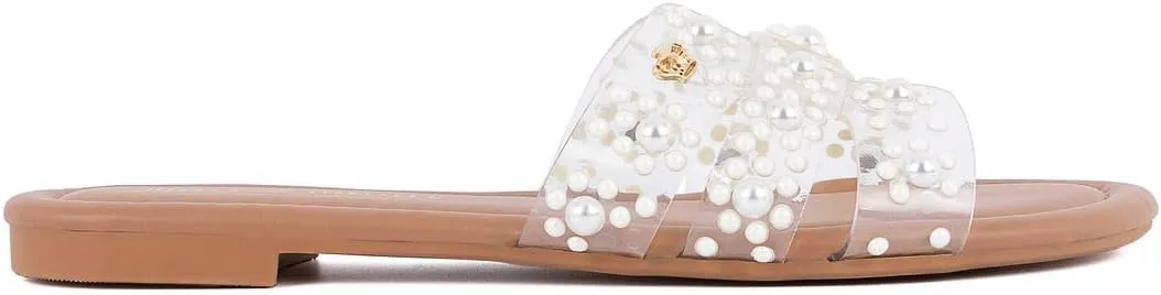 Juicy Couture Women's Slide Sandal – Flat, Dressy, Comfortable, Vegan Leather, Pearl Embellished Slides for Casual & Summer Wear