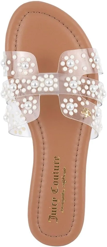Juicy Couture Women's Slide Sandal – Flat, Dressy, Comfortable, Vegan Leather, Pearl Embellished Slides for Casual & Summer Wear