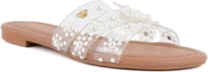 Juicy Couture Women's Slide Sandal – Flat, Dressy, Comfortable, Vegan Leather, Pearl Embellished Slides for Casual & Summer Wear