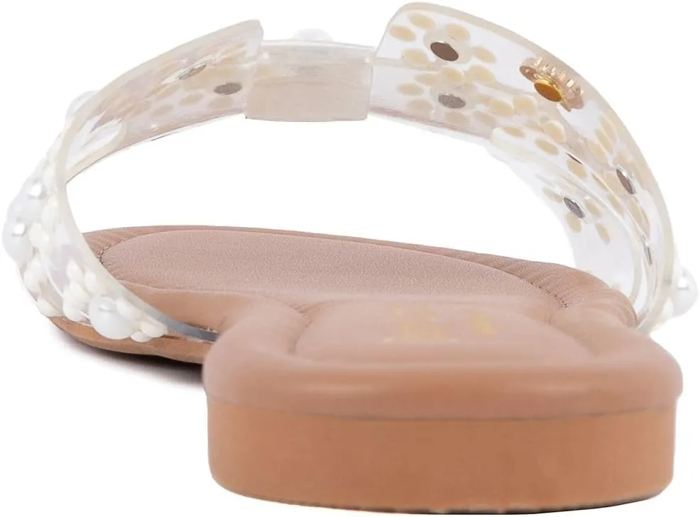 Juicy Couture Women's Slide Sandal – Flat, Dressy, Comfortable, Vegan Leather, Pearl Embellished Slides for Casual & Summer Wear
