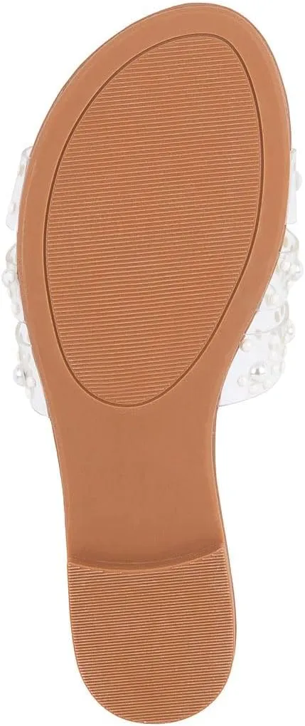 Juicy Couture Women's Slide Sandal – Flat, Dressy, Comfortable, Vegan Leather, Pearl Embellished Slides for Casual & Summer Wear