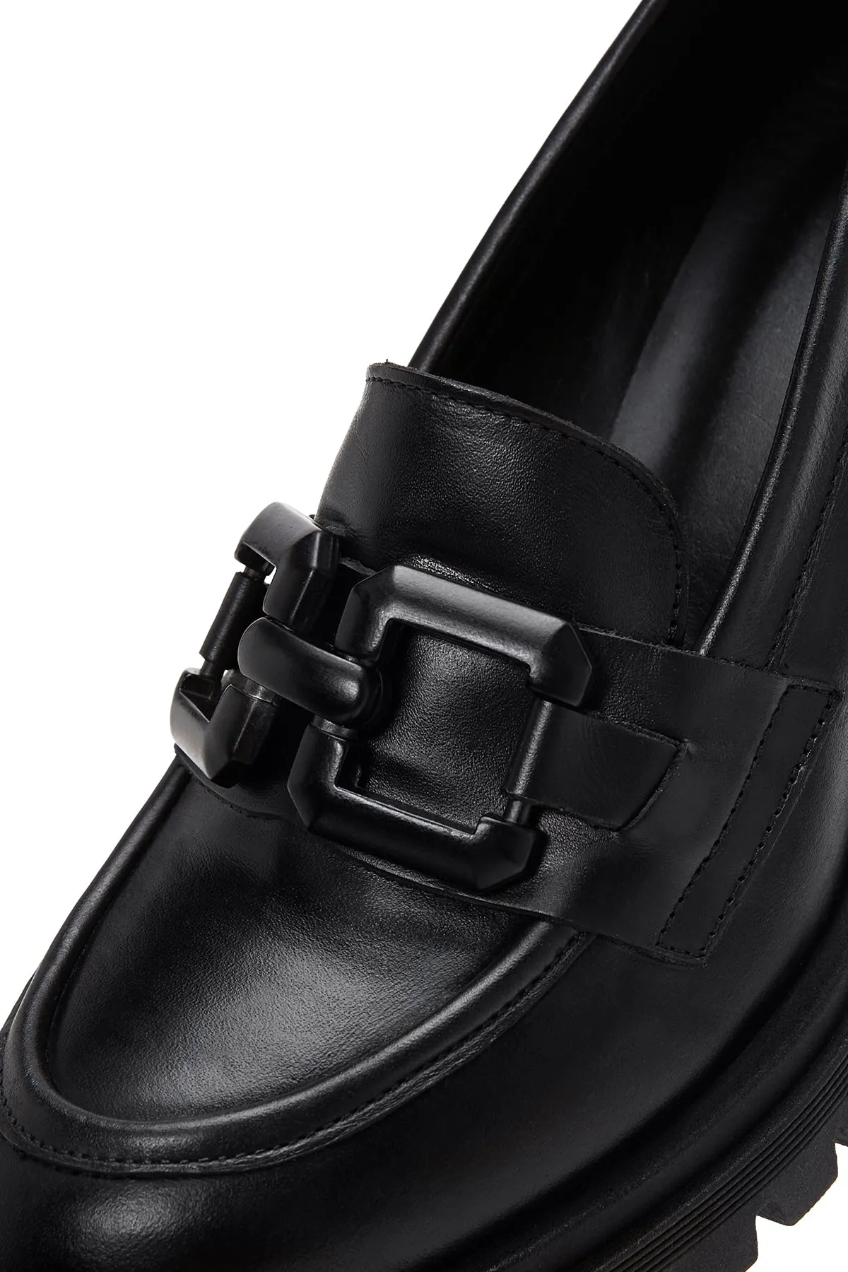 Kadın Siyah Kalın Topuklu Deri Maskülen Loafer