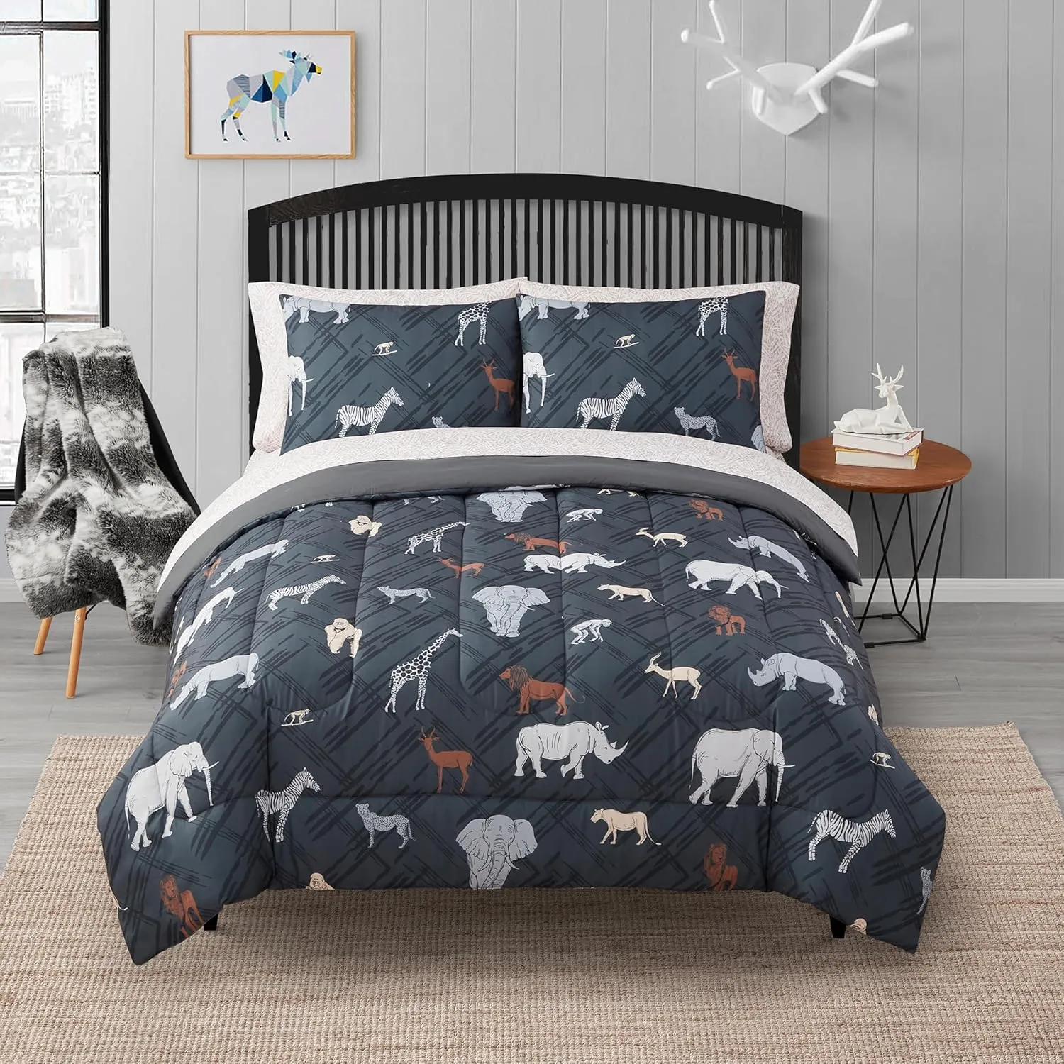 Kids Bedding Set Bed in a Bag for Boys and Girls Toddlers Printed Sheet Set and Comforter, Full, Safari