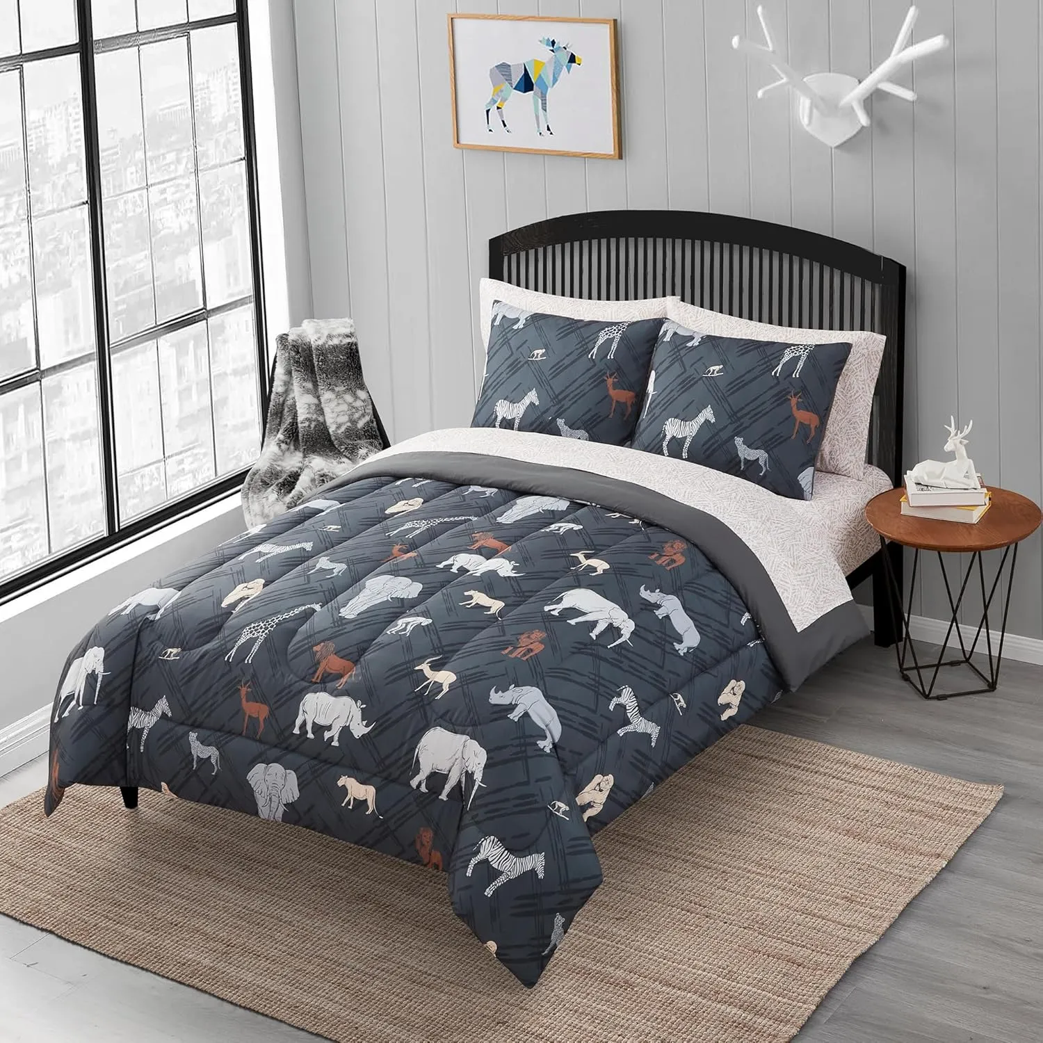 Kids Bedding Set Bed in a Bag for Boys and Girls Toddlers Printed Sheet Set and Comforter, Full, Safari