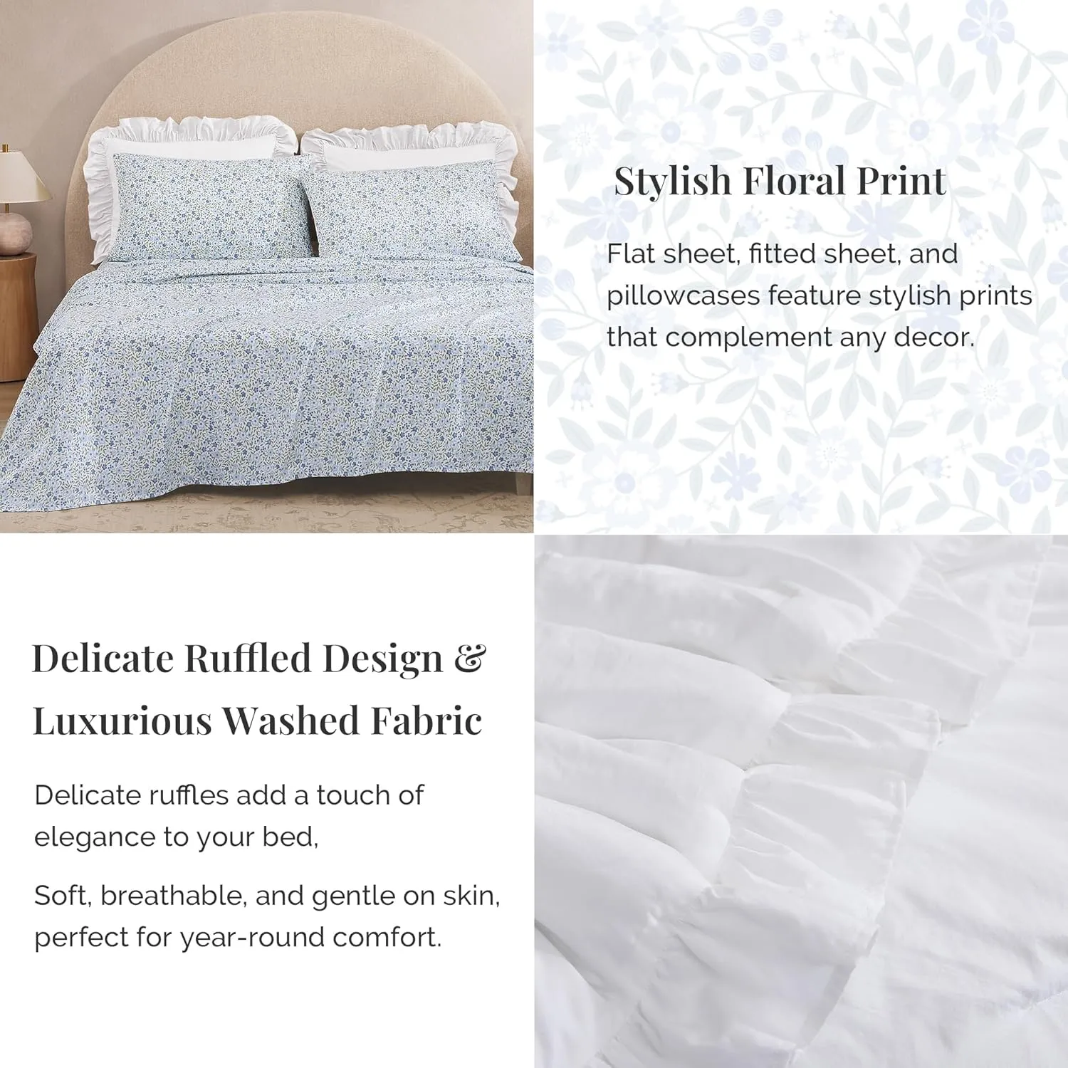 King Comforter Set - 7 Pieces Ruffle White Bedding Sets, Shabby Chic Farmhouse Bed in a Bag King with Ruffle Comforter, Floral Sheets, Pillowcases & Shams