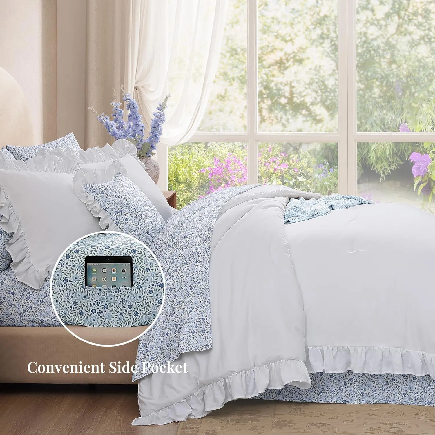 King Comforter Set - 7 Pieces Ruffle White Bedding Sets, Shabby Chic Farmhouse Bed in a Bag King with Ruffle Comforter, Floral Sheets, Pillowcases & Shams