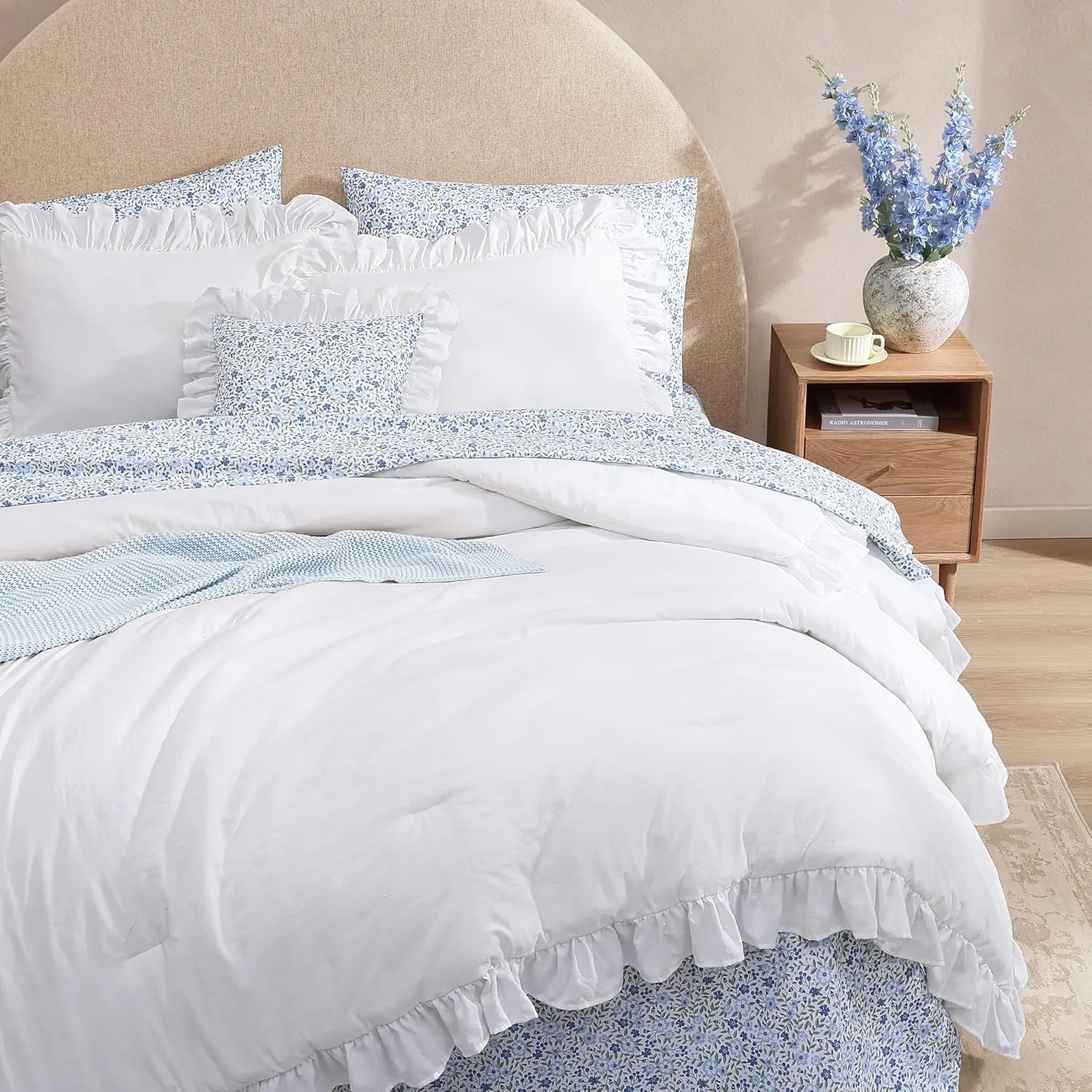 King Comforter Set - 7 Pieces Ruffle White Bedding Sets, Shabby Chic Farmhouse Bed in a Bag King with Ruffle Comforter, Floral Sheets, Pillowcases & Shams