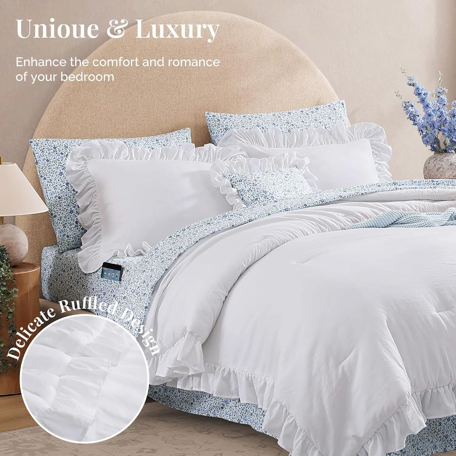 King Comforter Set - 7 Pieces Ruffle White Bedding Sets, Shabby Chic Farmhouse Bed in a Bag King with Ruffle Comforter, Floral Sheets, Pillowcases & Shams